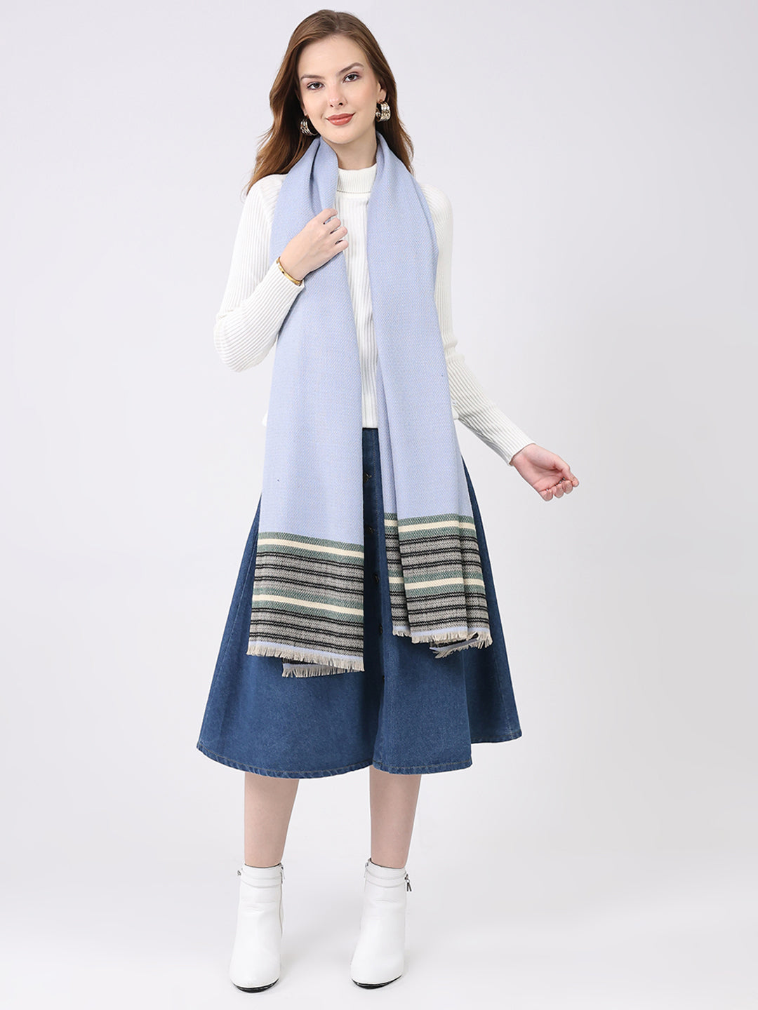 Women Blue Self Design Wool Stole