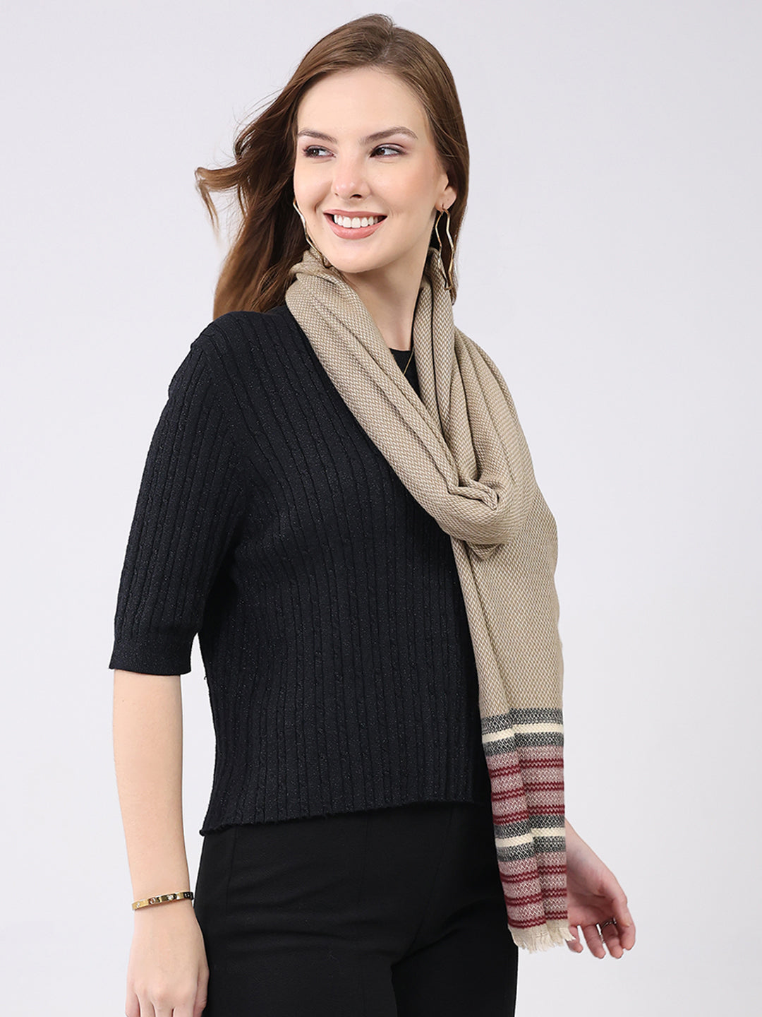 Women Beige Self Design Wool Stole
