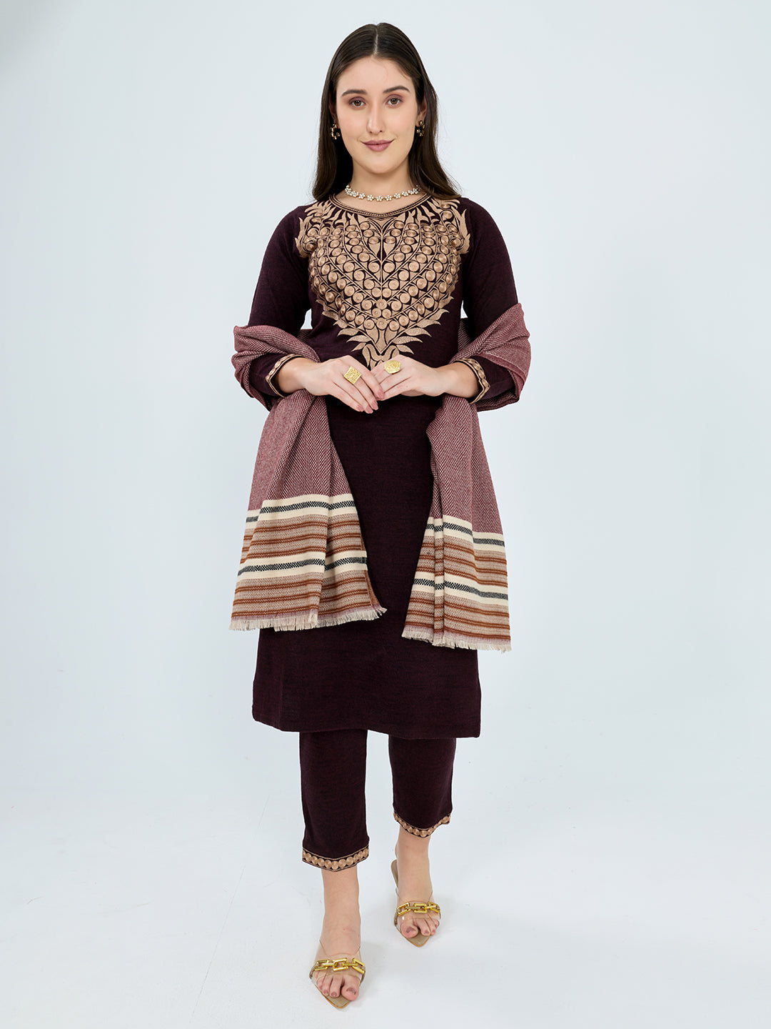 Women Maroon Stripe Polyester Acrylic Stole