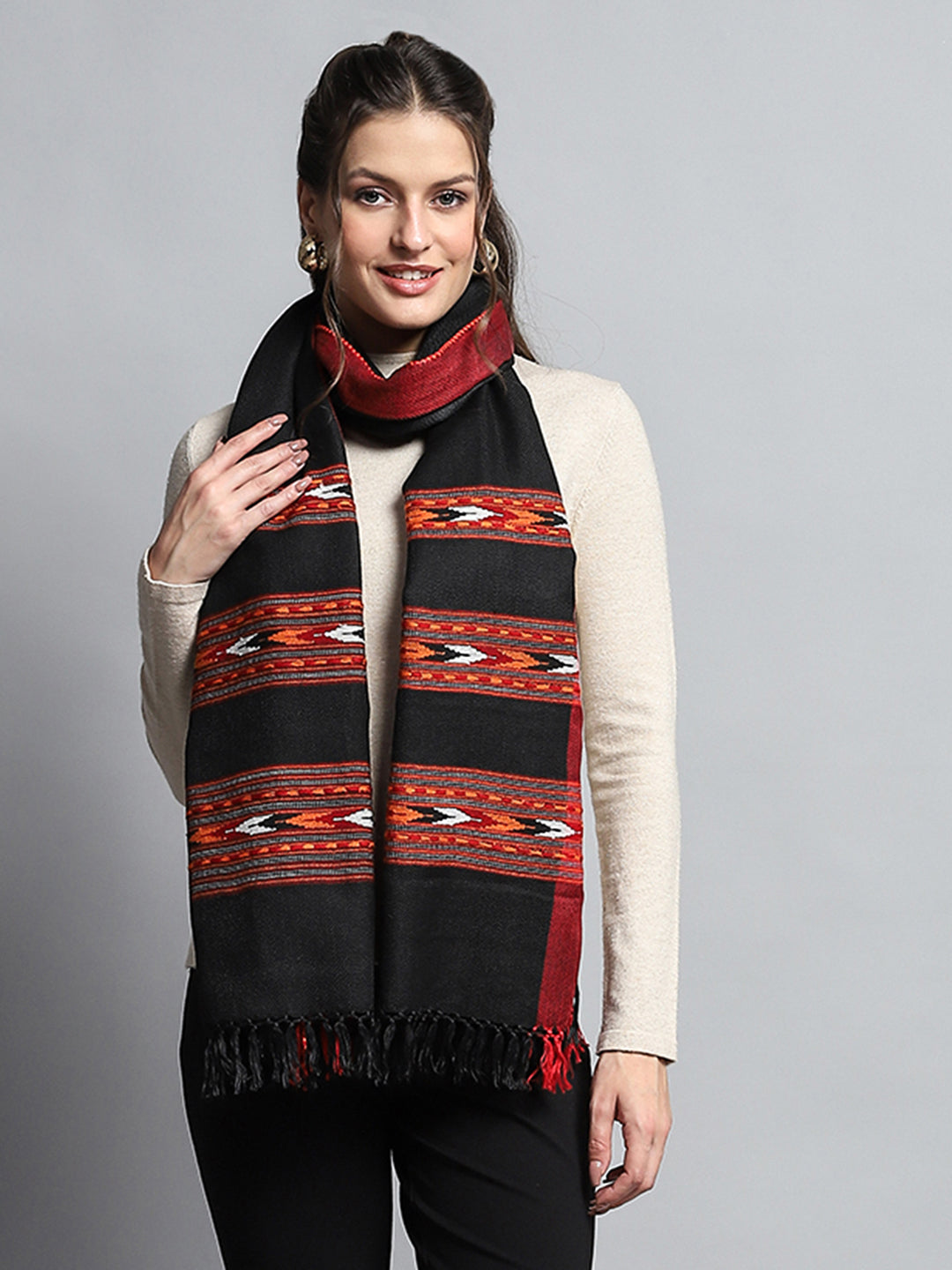 Women Black Self Design Stole