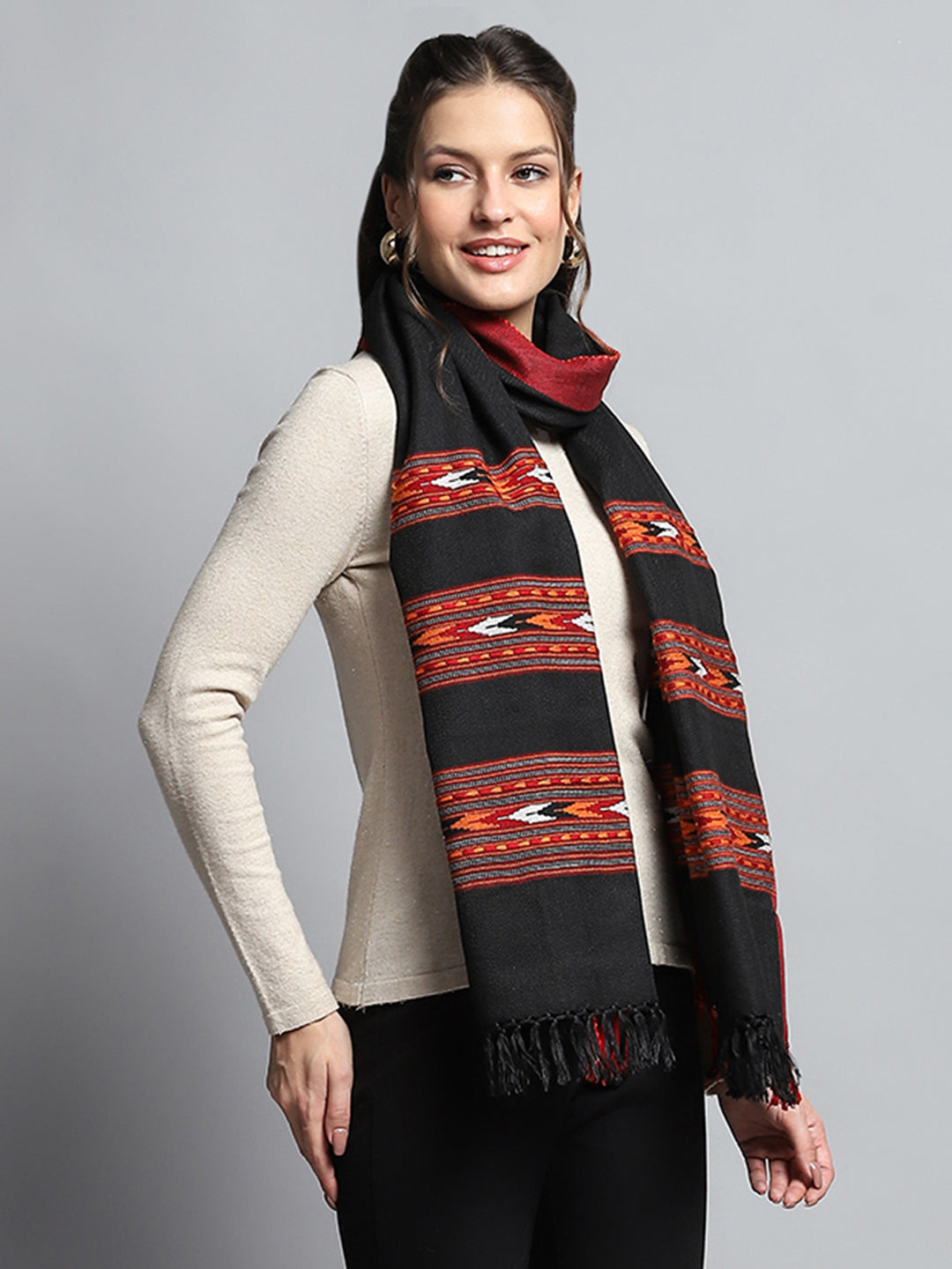 Women Black Self Design Stole