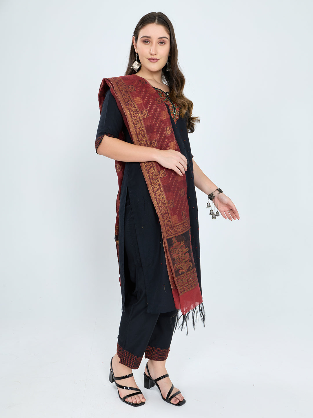 Women Maroon Traditional Motifs Polyester Cotton Stole