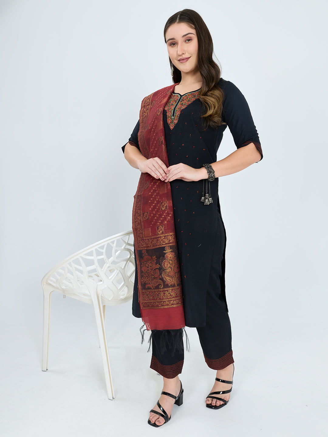 Women Maroon Traditional Motifs Polyester Cotton Stole