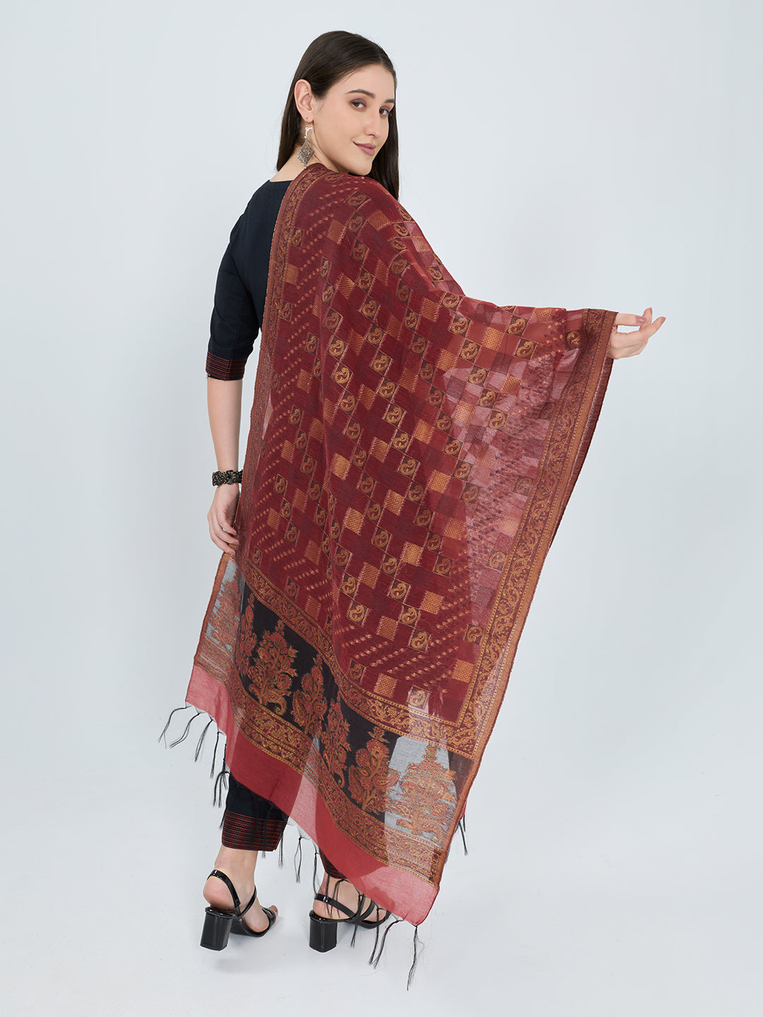 Women Maroon Traditional Motifs Polyester Cotton Stole