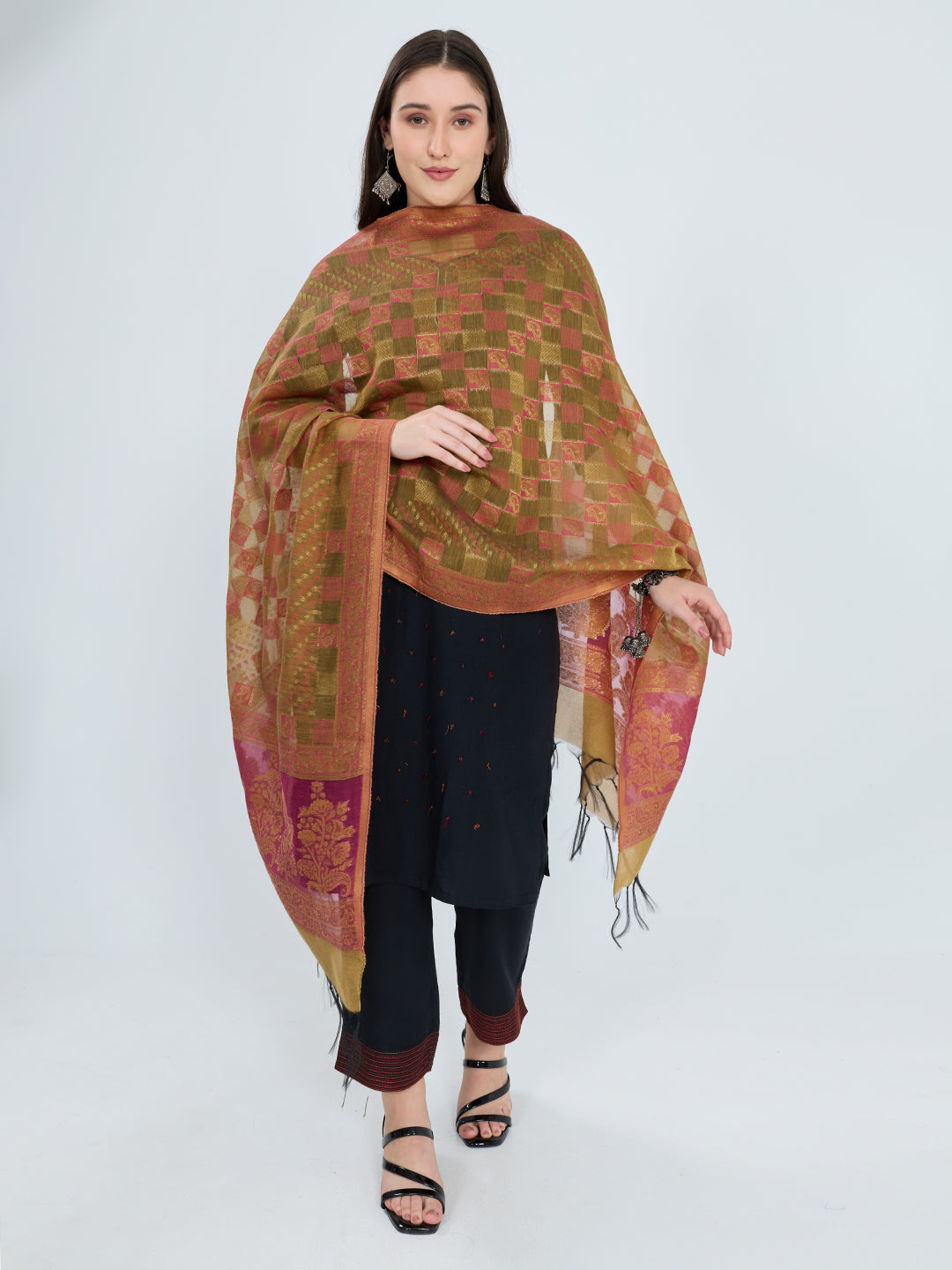 Women Mustard Traditional Motifs Polyester Cotton Stole