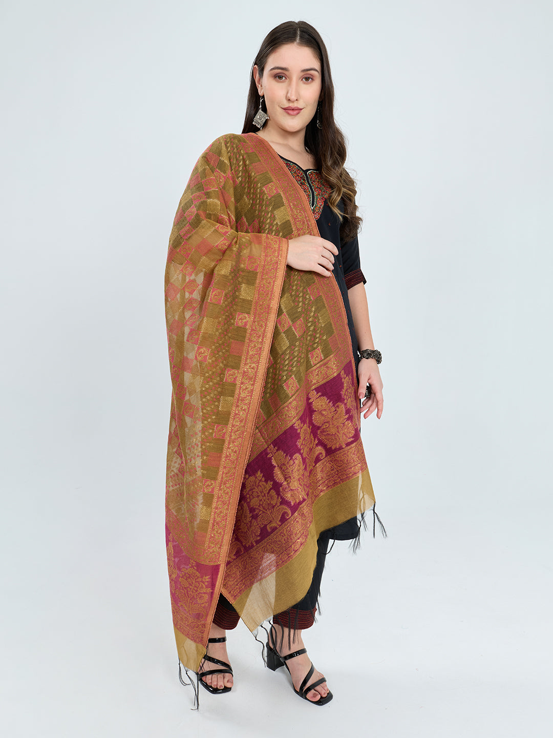 Women Mustard Traditional Motifs Polyester Cotton Stole