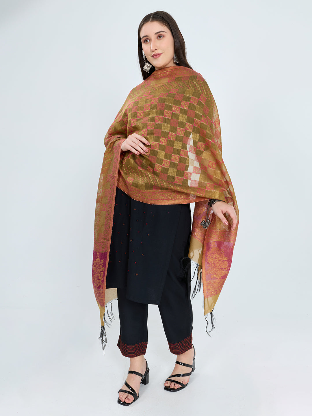 Women Mustard Traditional Motifs Polyester Cotton Stole