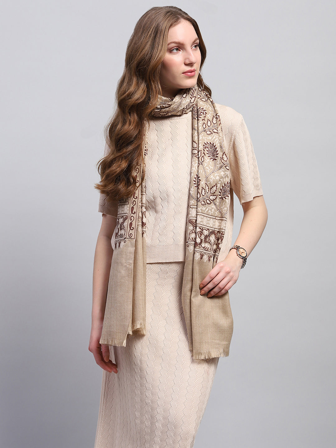 Women Beige Self Design Stole