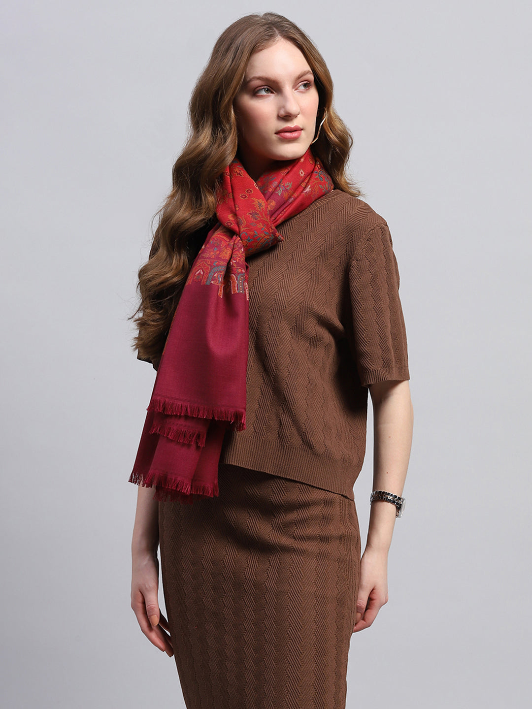 Women Maroon Self Design Stole