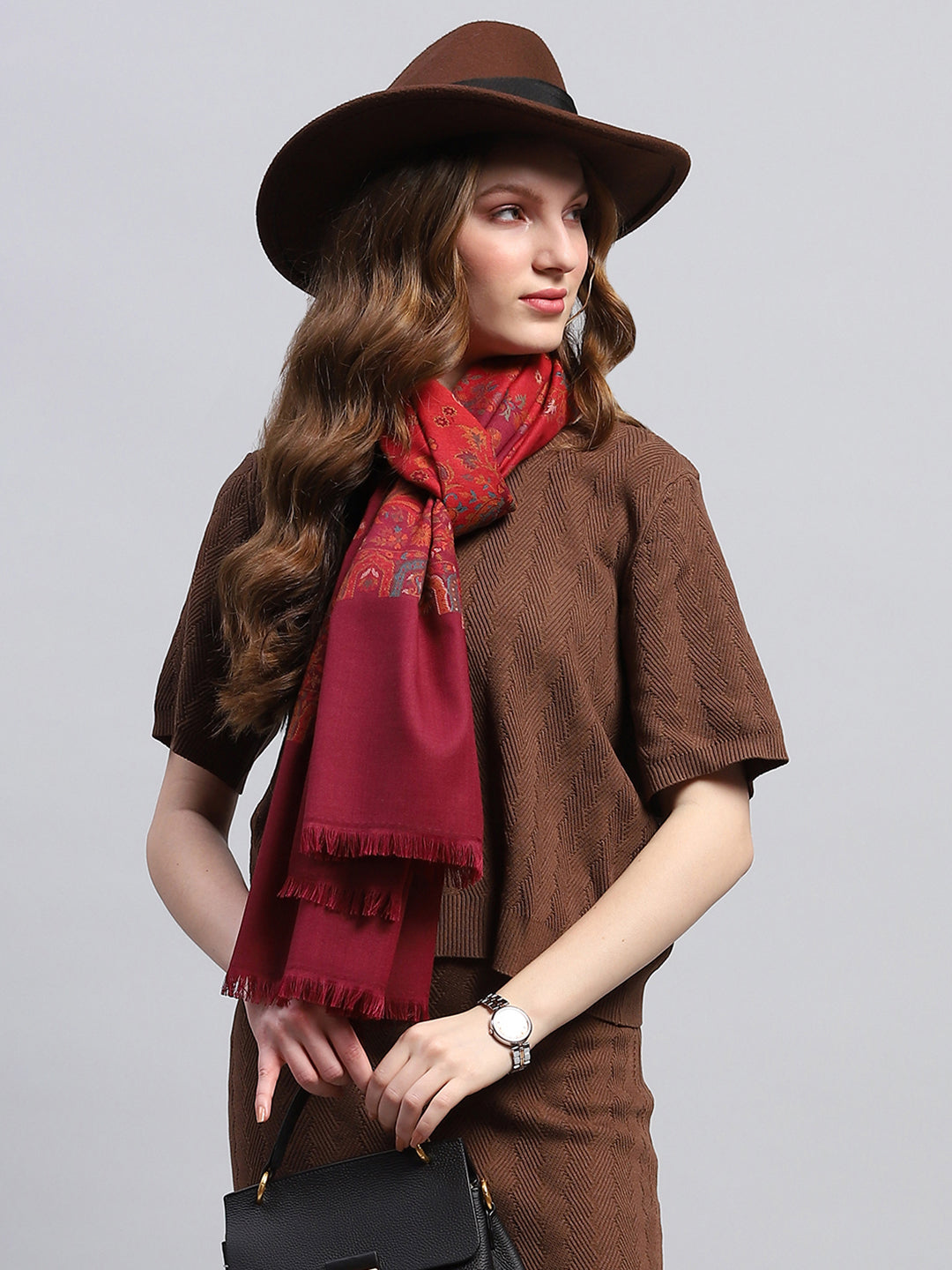 Women Maroon Self Design Stole