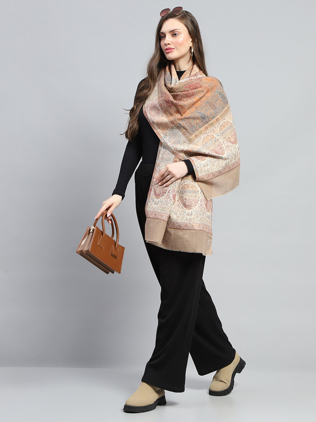 Women Beige Self Design Stole
