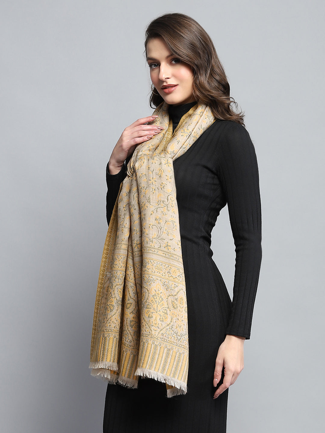 Women Mustard Self Design Stole