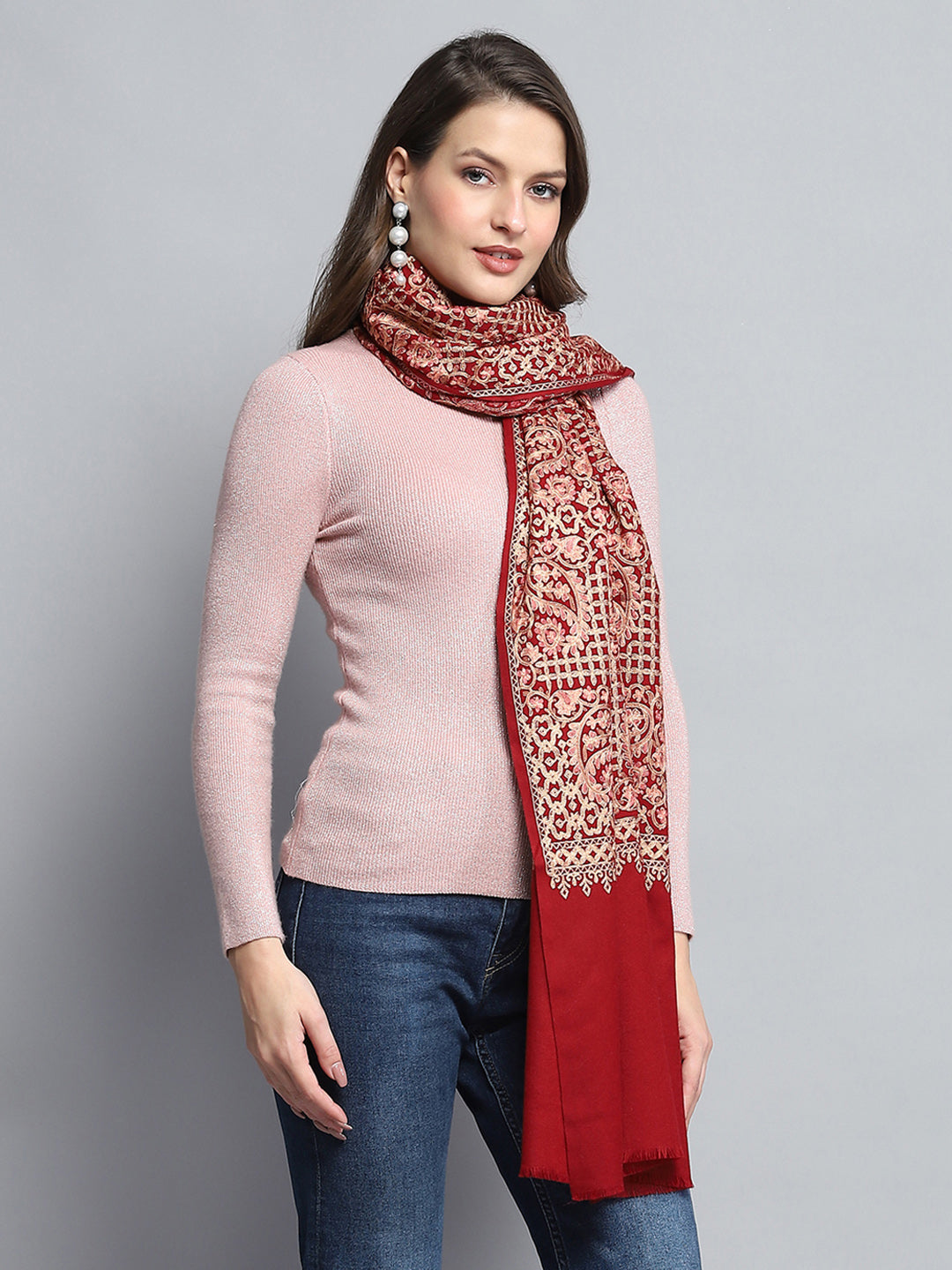 Women Maroon Self Design Stole
