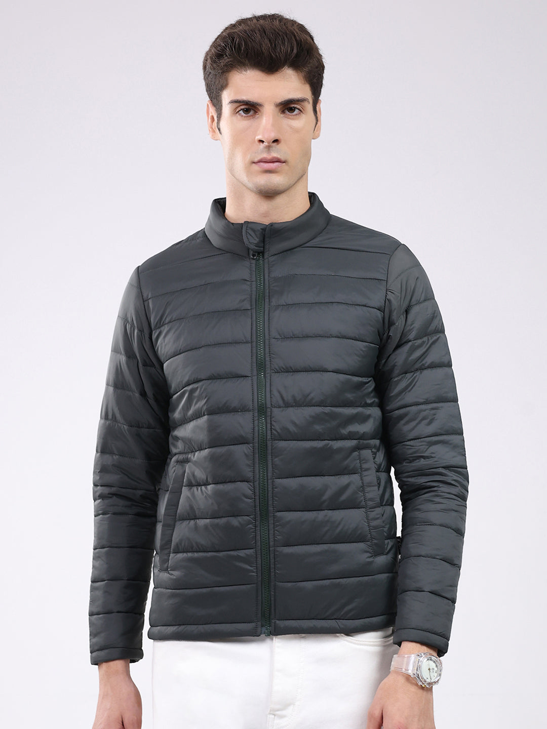 Rock.it Men Dark Green Solid Mock Neck Full Sleeve Jacket