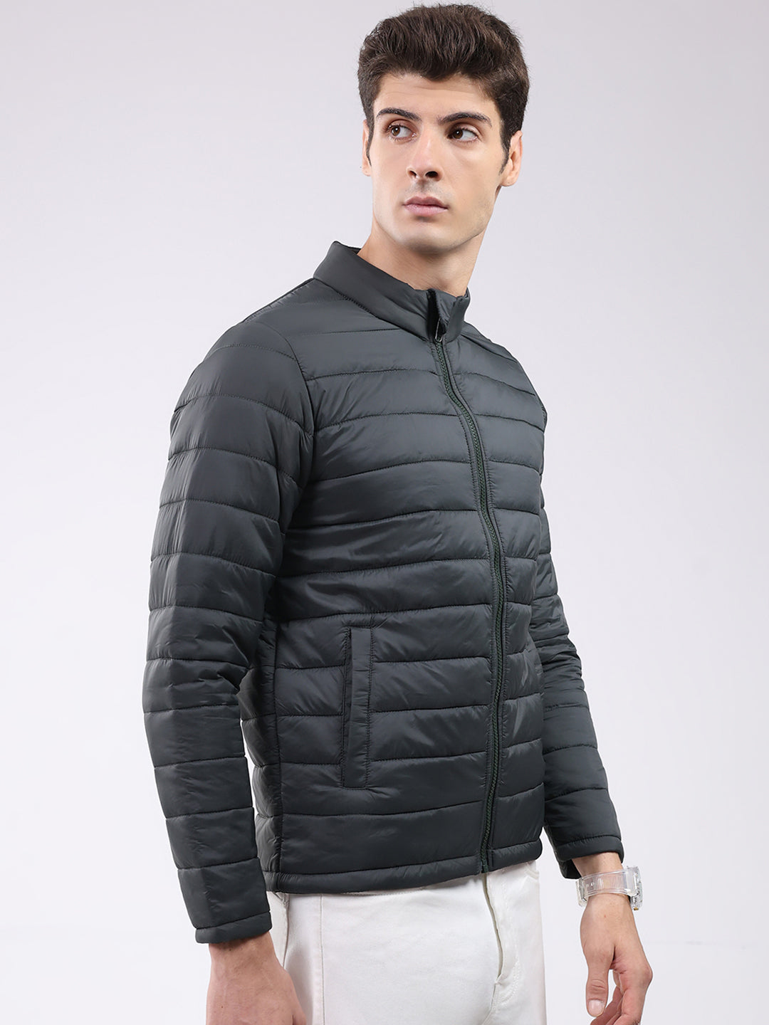 Rock.it Men Dark Green Solid Mock Neck Full Sleeve Jacket