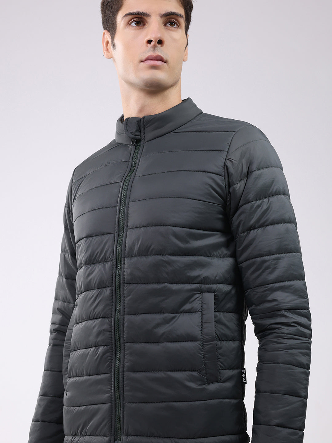 Rock.it Men Dark Green Solid Mock Neck Full Sleeve Jacket
