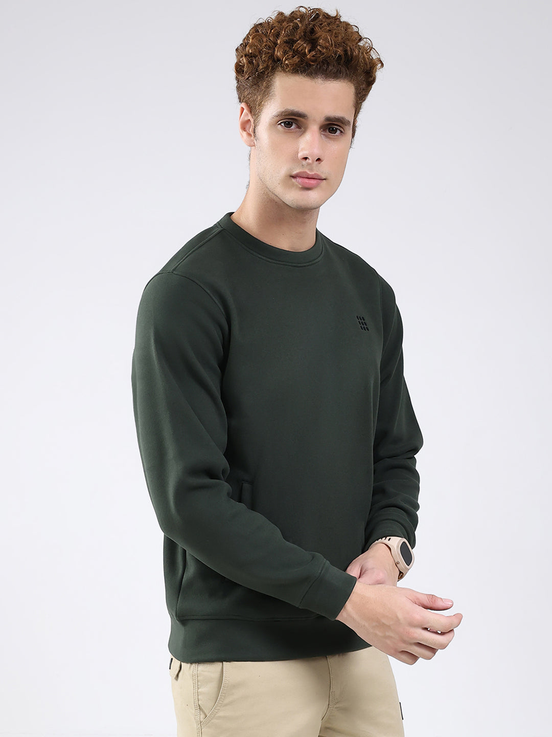 Rock.it Men Olive Solid Round Neck Full Sleeve Sweatshirt
