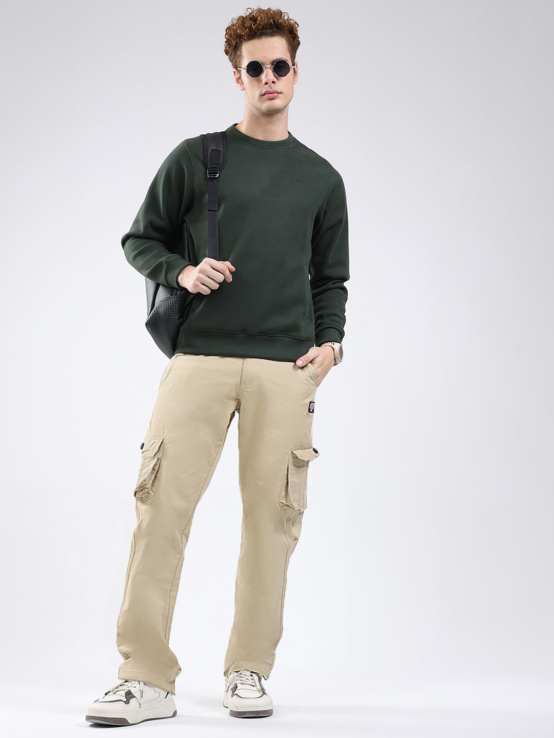 Rock.it Men Olive Solid Round Neck Full Sleeve Sweatshirt