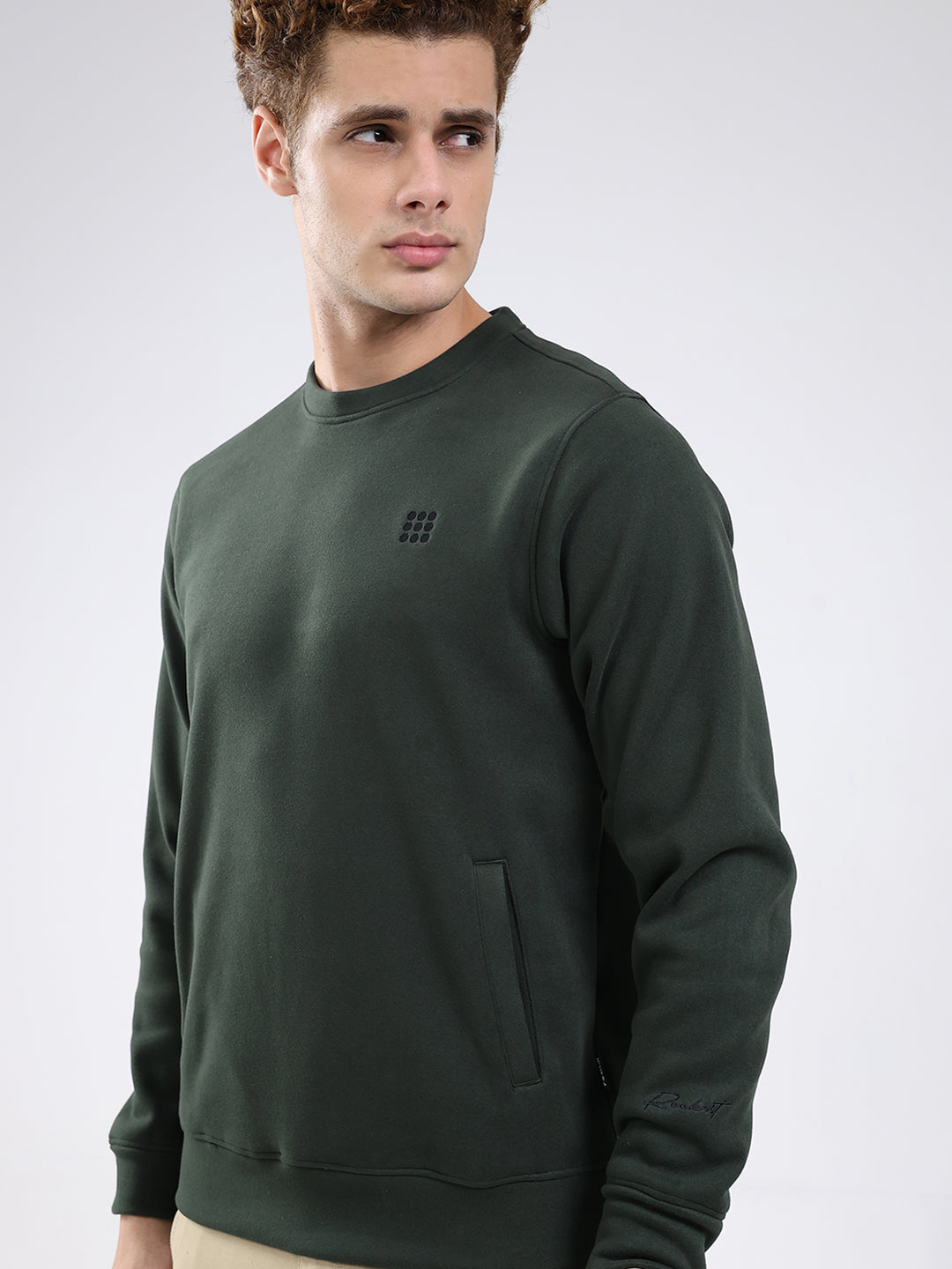 Rock.it Men Olive Solid Round Neck Full Sleeve Sweatshirt