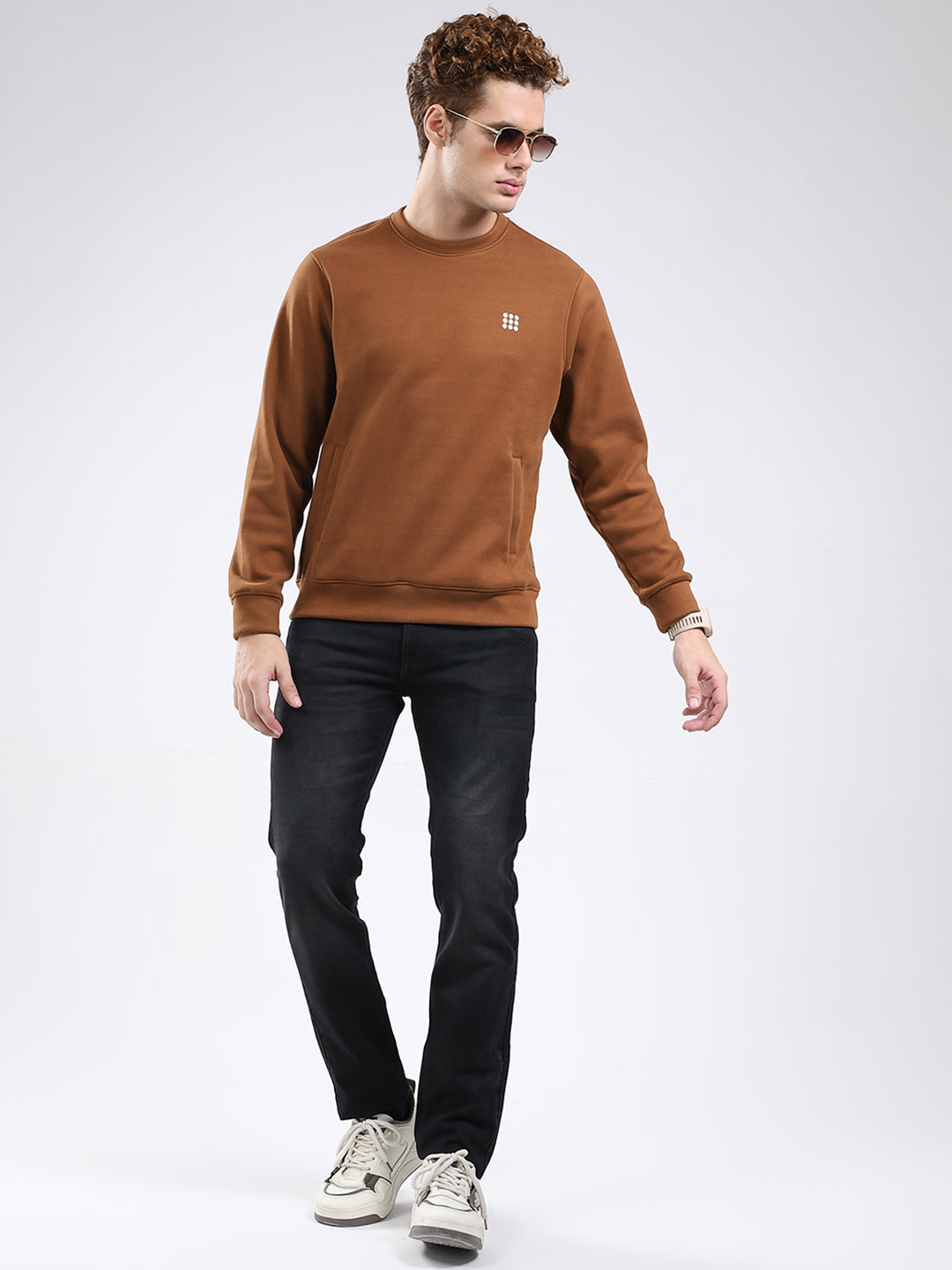 Rock.it Men Brown Solid Round Neck Full Sleeve Sweatshirt