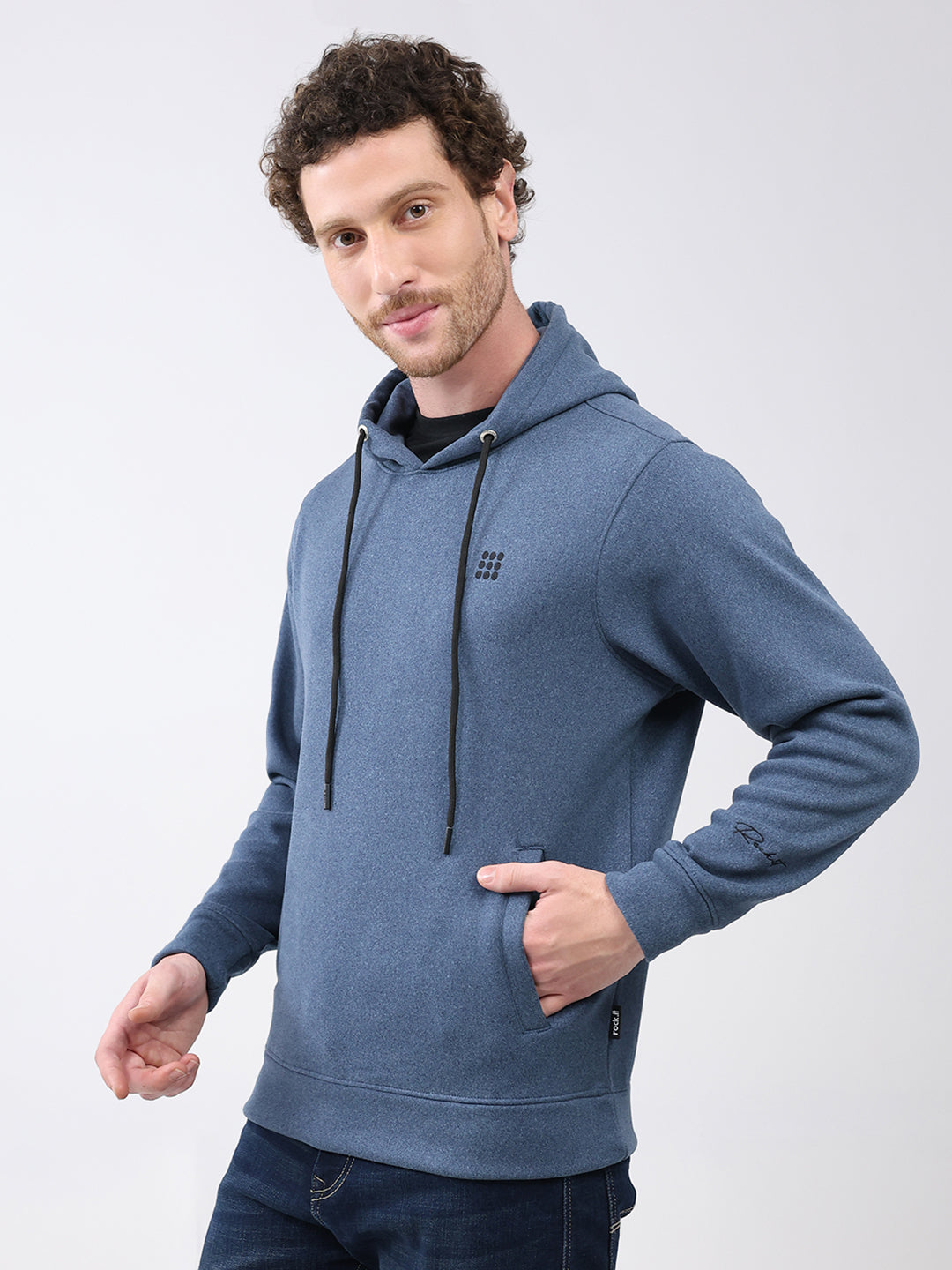 Rock.it Men Blue Solid Hooded Full Sleeve Sweatshirt