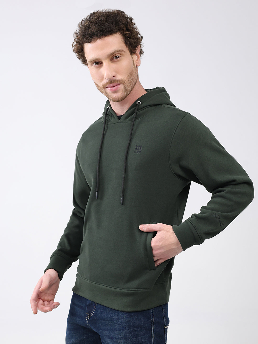 Rock.it Men Olive Solid Hooded Full Sleeve Sweatshirt