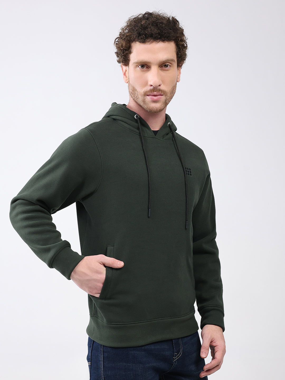 Rock.it Men Olive Solid Hooded Full Sleeve Sweatshirt