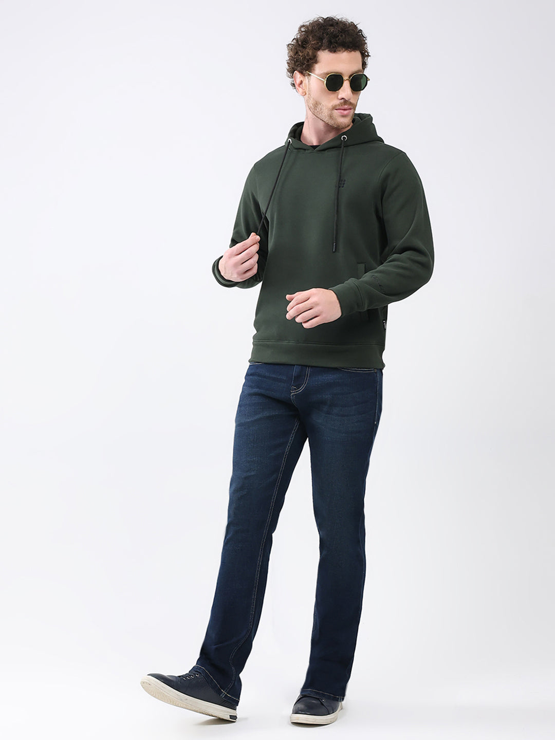 Rock.it Men Olive Solid Hooded Full Sleeve Sweatshirt