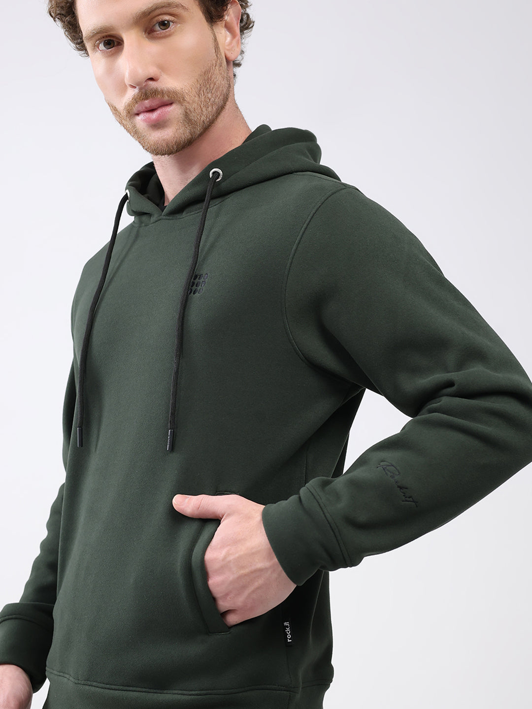 Rock.it Men Olive Solid Hooded Full Sleeve Sweatshirt