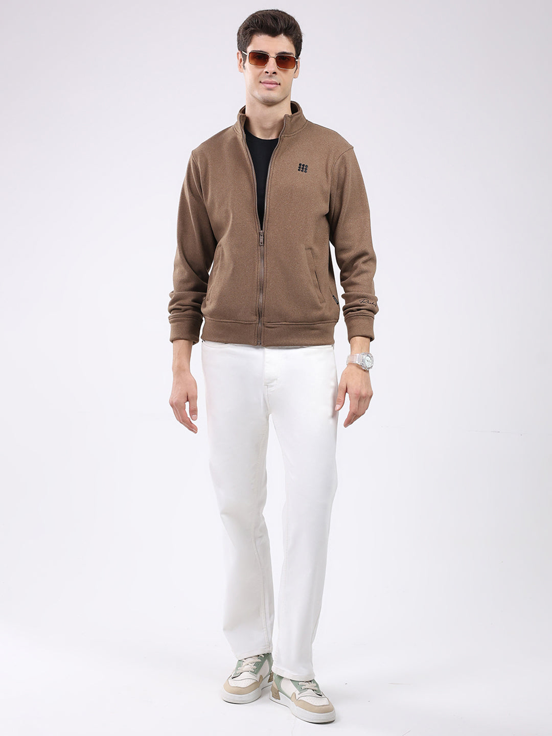Rock.it Men Brown Solid Mock Neck Full Sleeve Sweatshirt