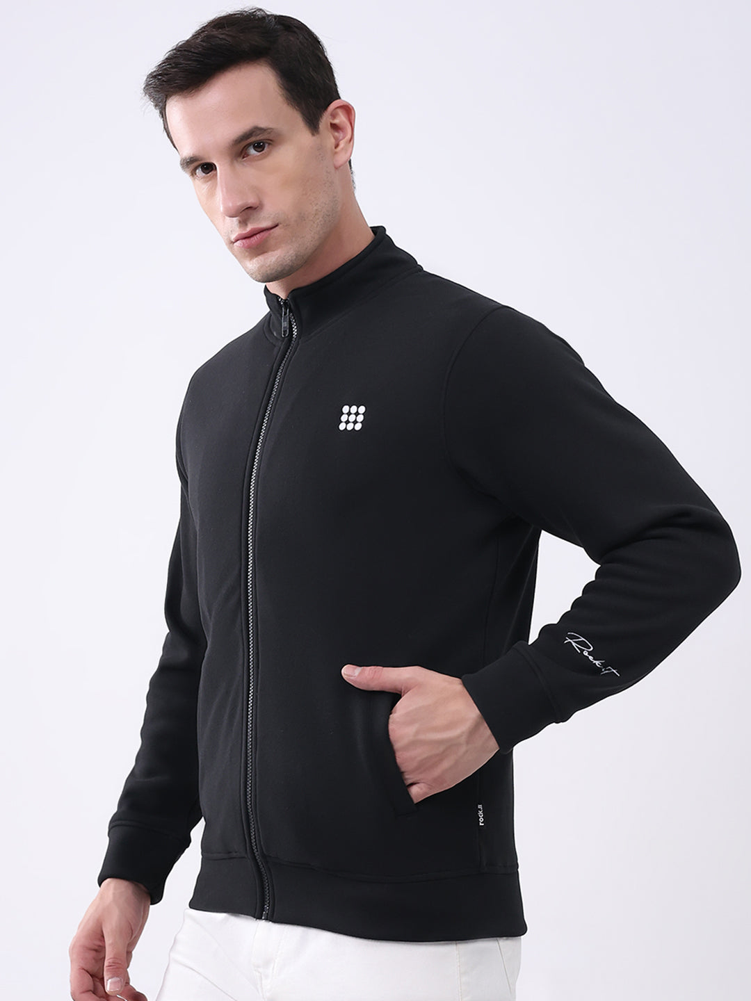 Rock.it Men Black Solid Mock Neck Full Sleeve Sweatshirt