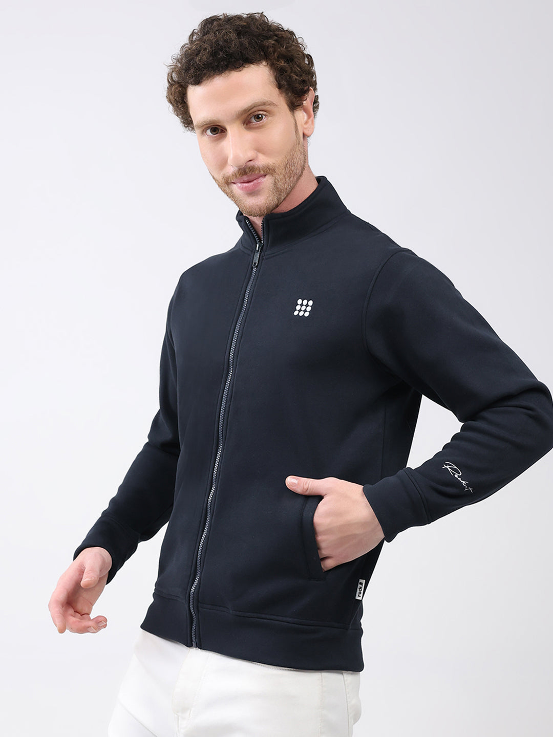 Rock.it Men Navy Blue Solid Mock Neck Full Sleeve Sweatshirt