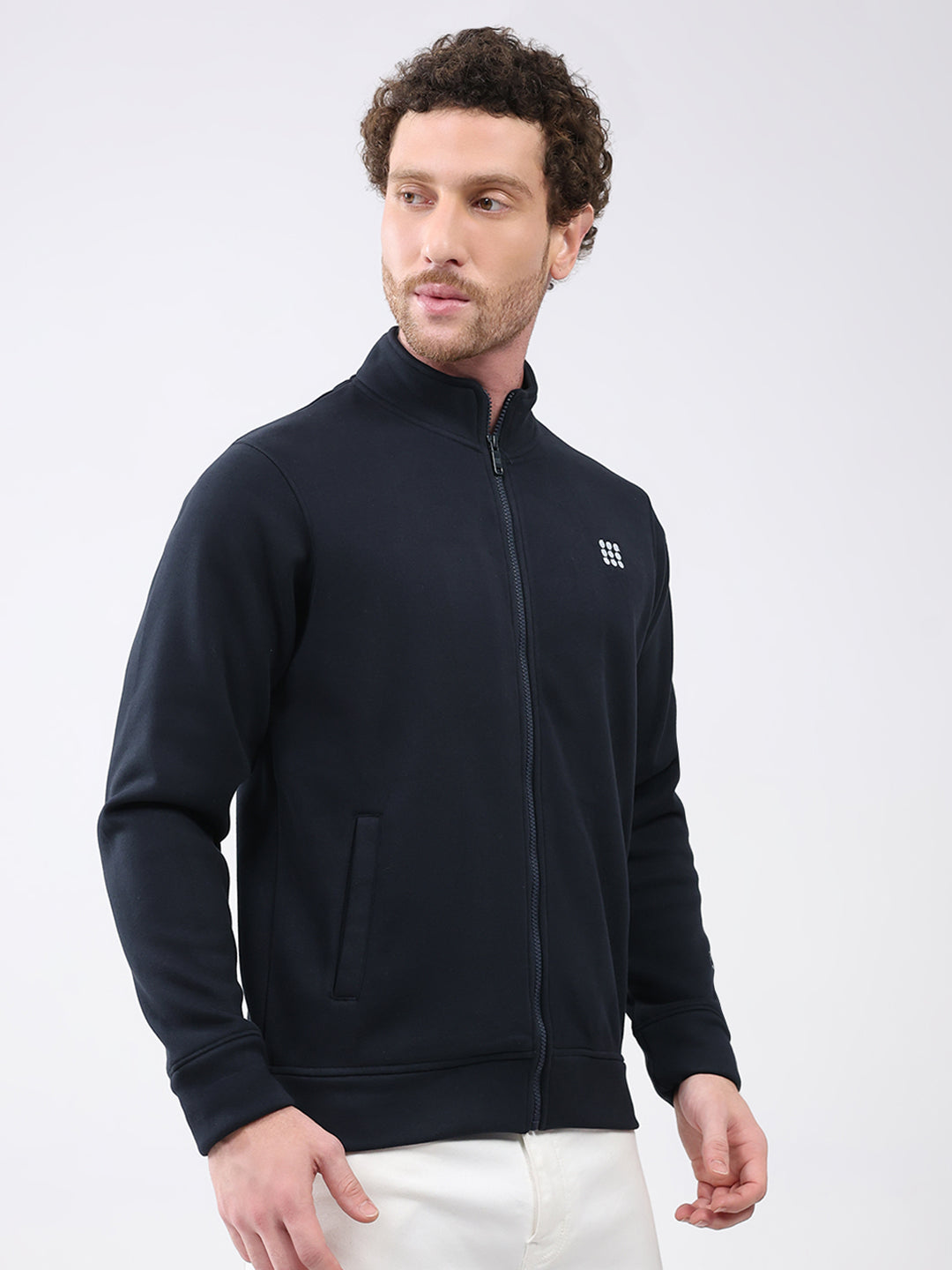 Rock.it Men Navy Blue Solid Mock Neck Full Sleeve Sweatshirt