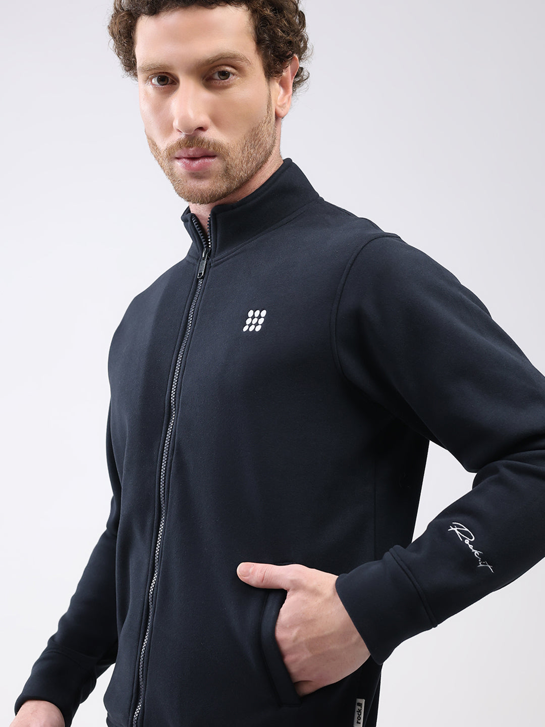 Rock.it Men Navy Blue Solid Mock Neck Full Sleeve Sweatshirt