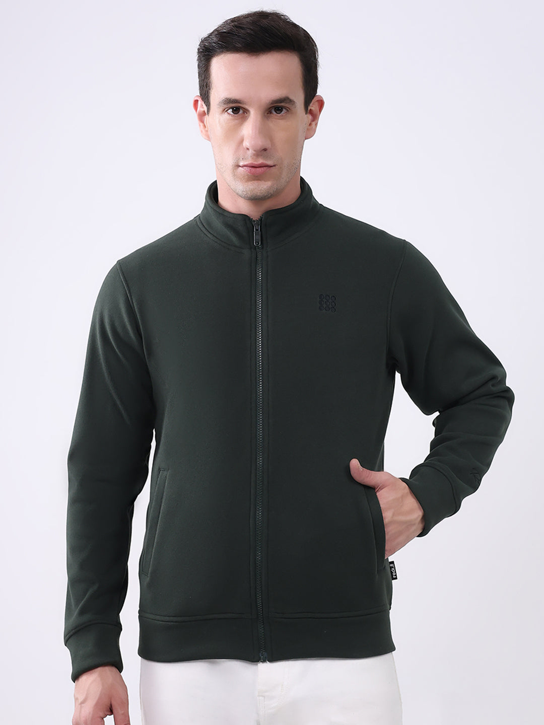 Rock.it Men Olive Solid Mock Neck Full Sleeve Sweatshirt
