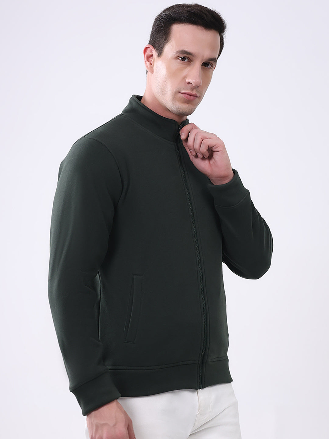 Rock.it Men Olive Solid Mock Neck Full Sleeve Sweatshirt