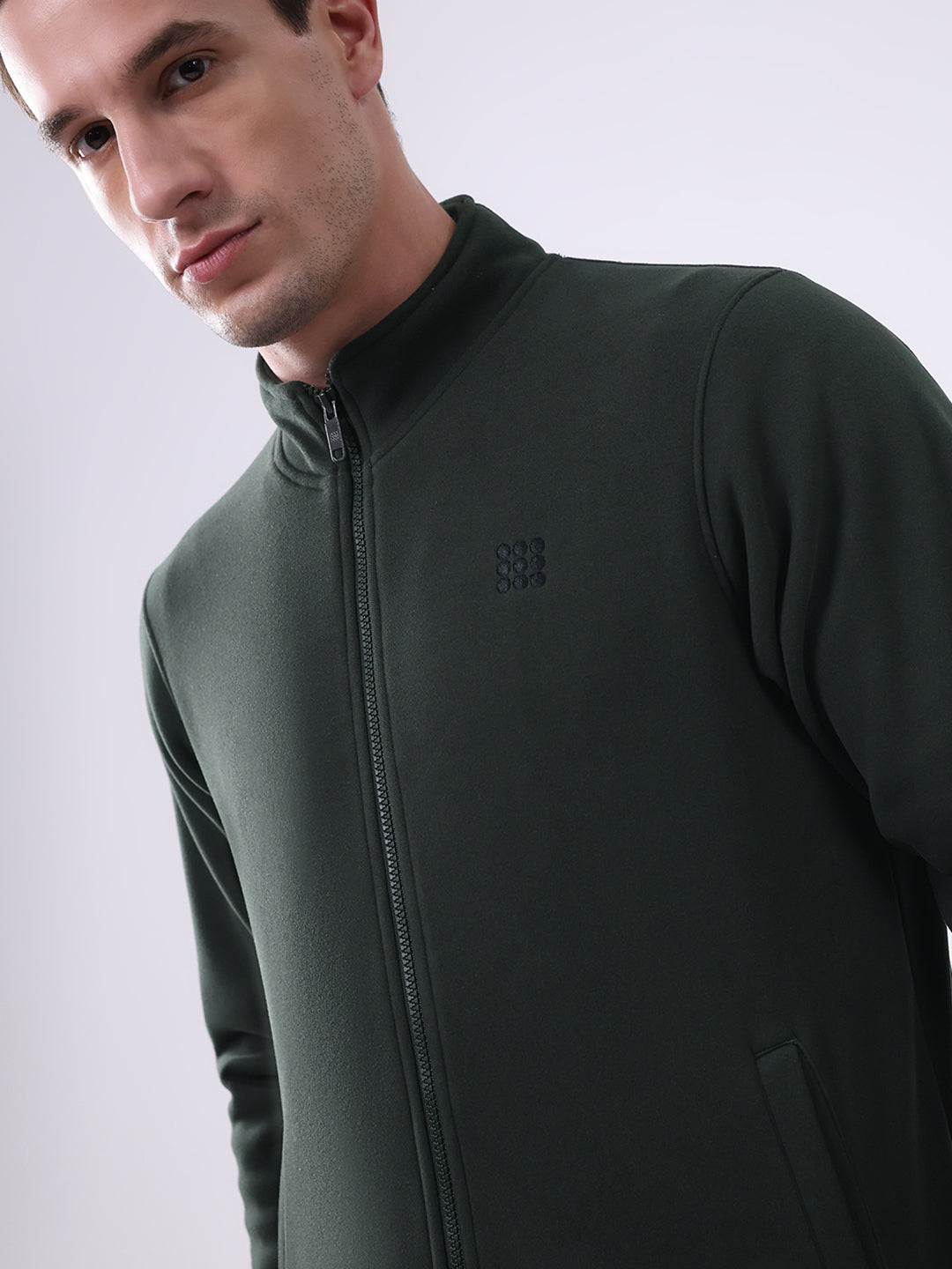 Rock.it Men Olive Solid Mock Neck Full Sleeve Sweatshirt