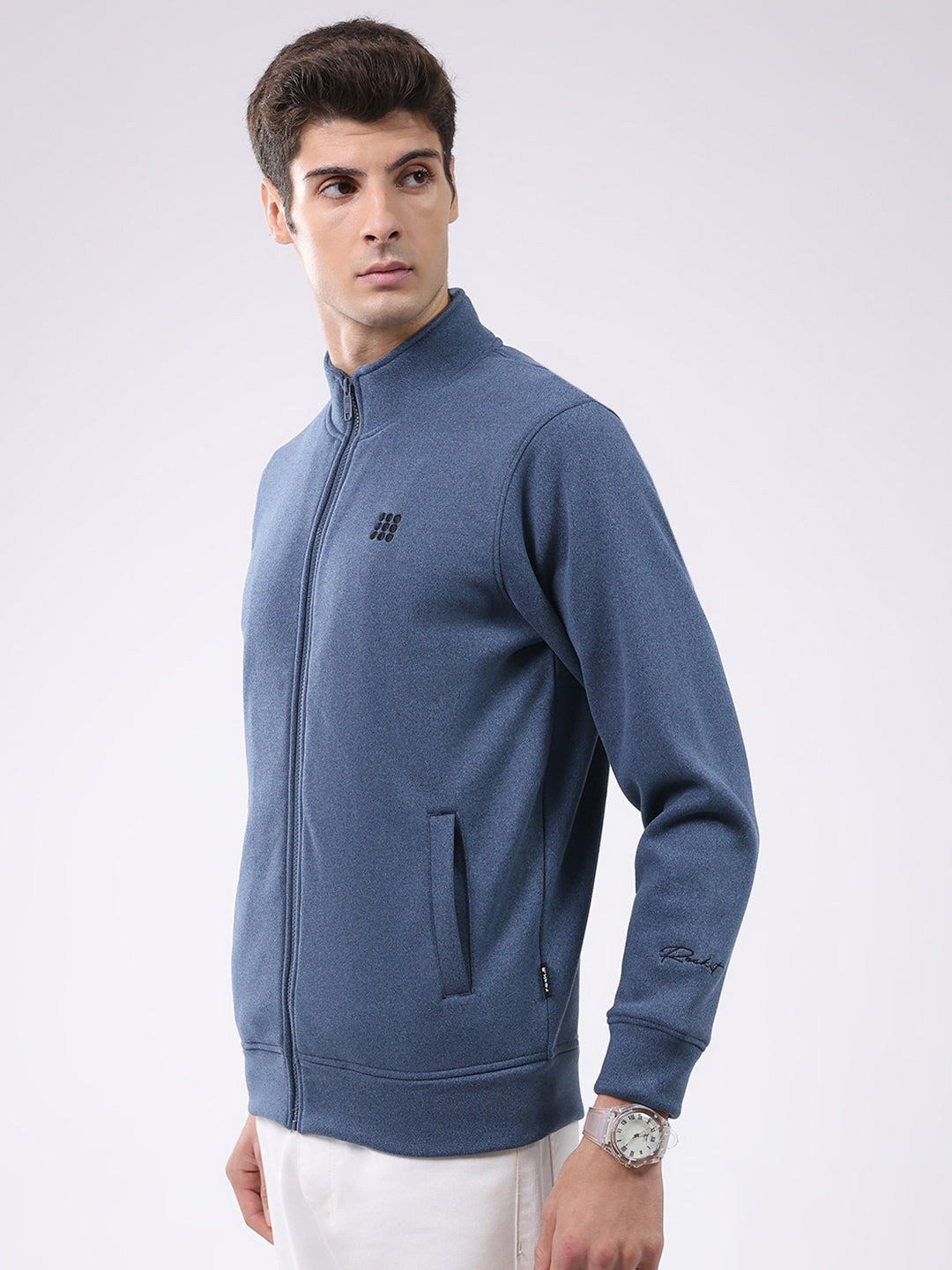 Rock.it Men Blue Solid Mock Neck Full Sleeve Sweatshirt