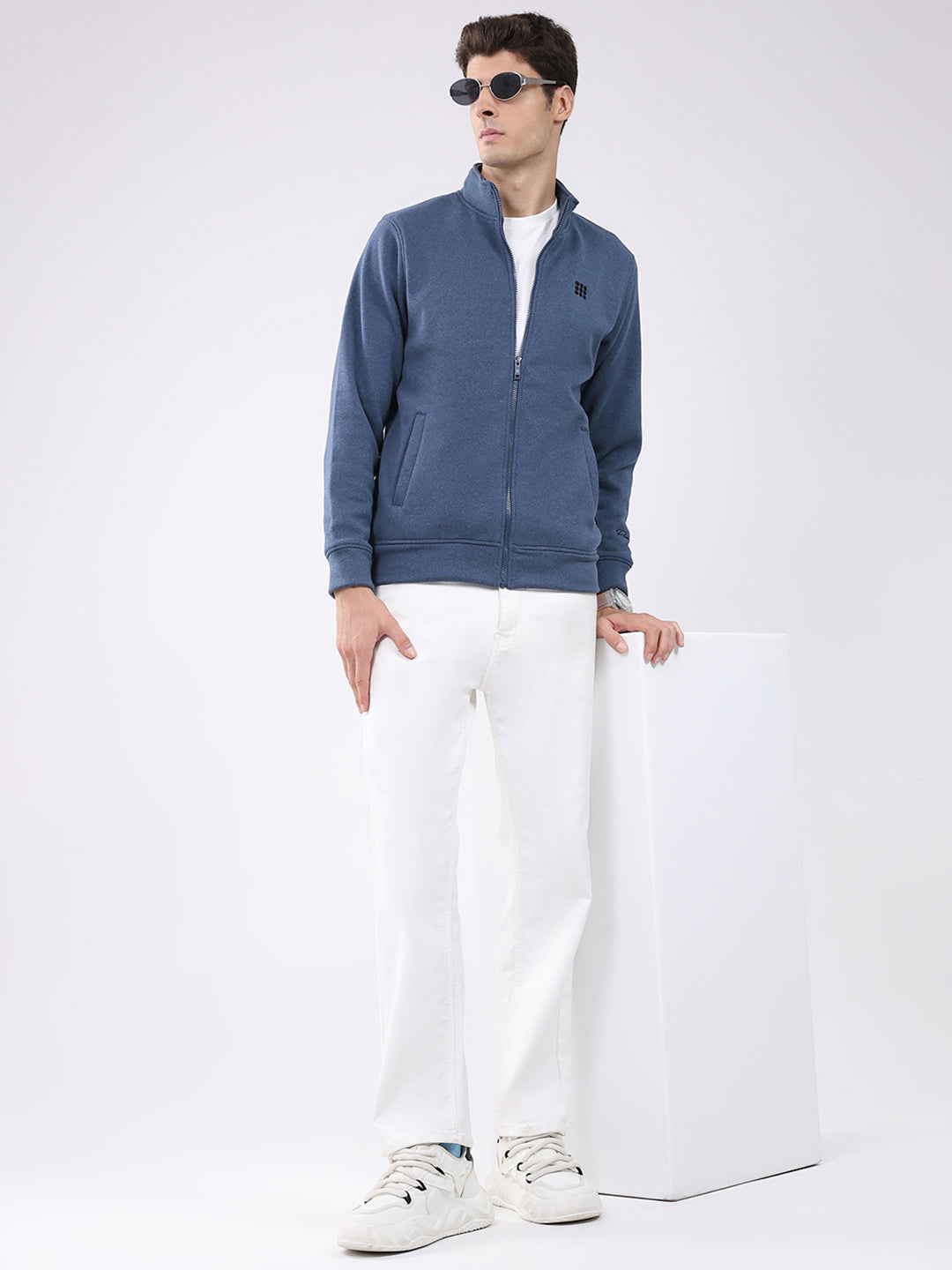 Rock.it Men Blue Solid Mock Neck Full Sleeve Sweatshirt