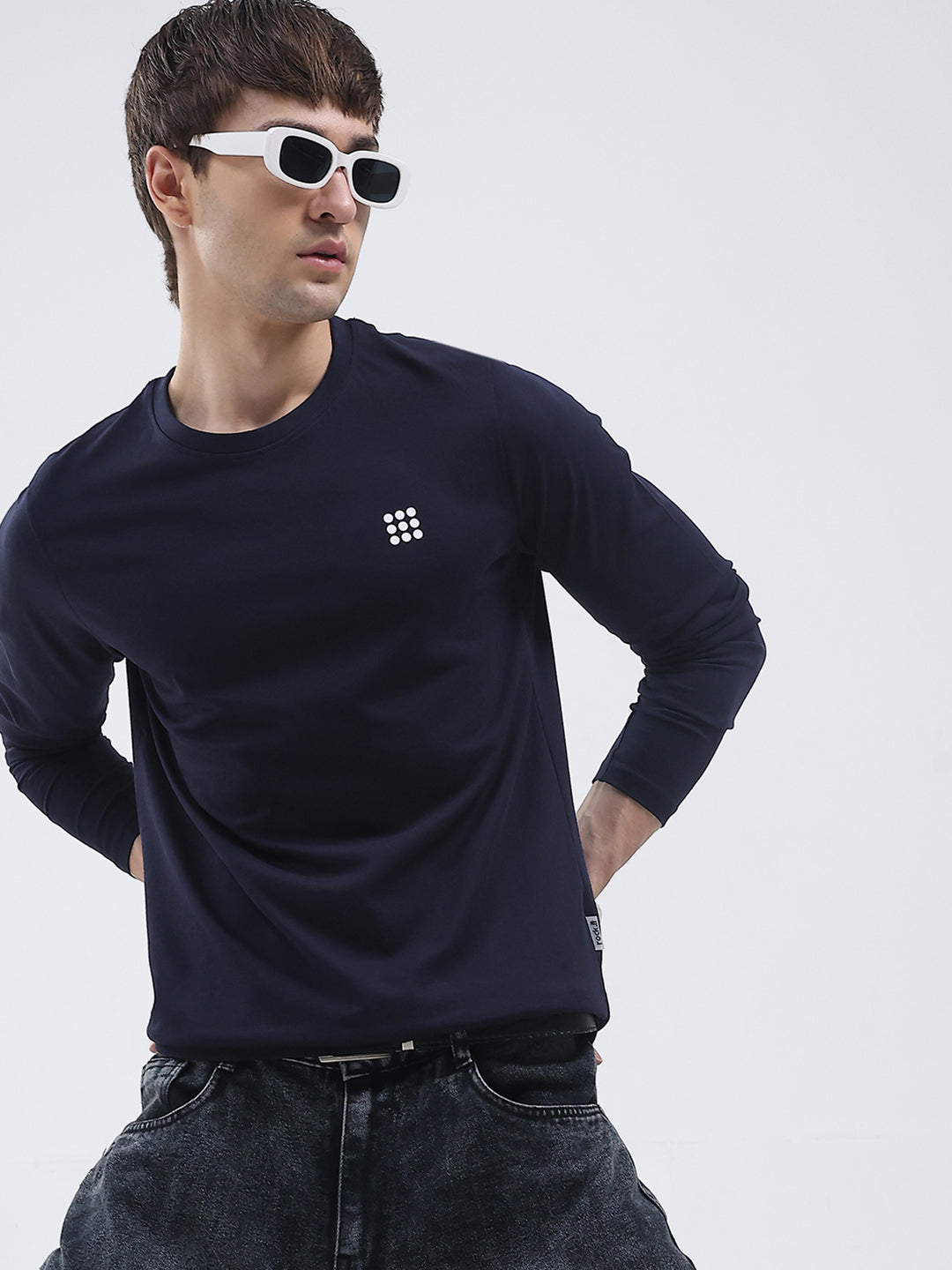 Rock.it Men Navy Blue Solid Round Neck Full Sleeve Winter T-Shirt