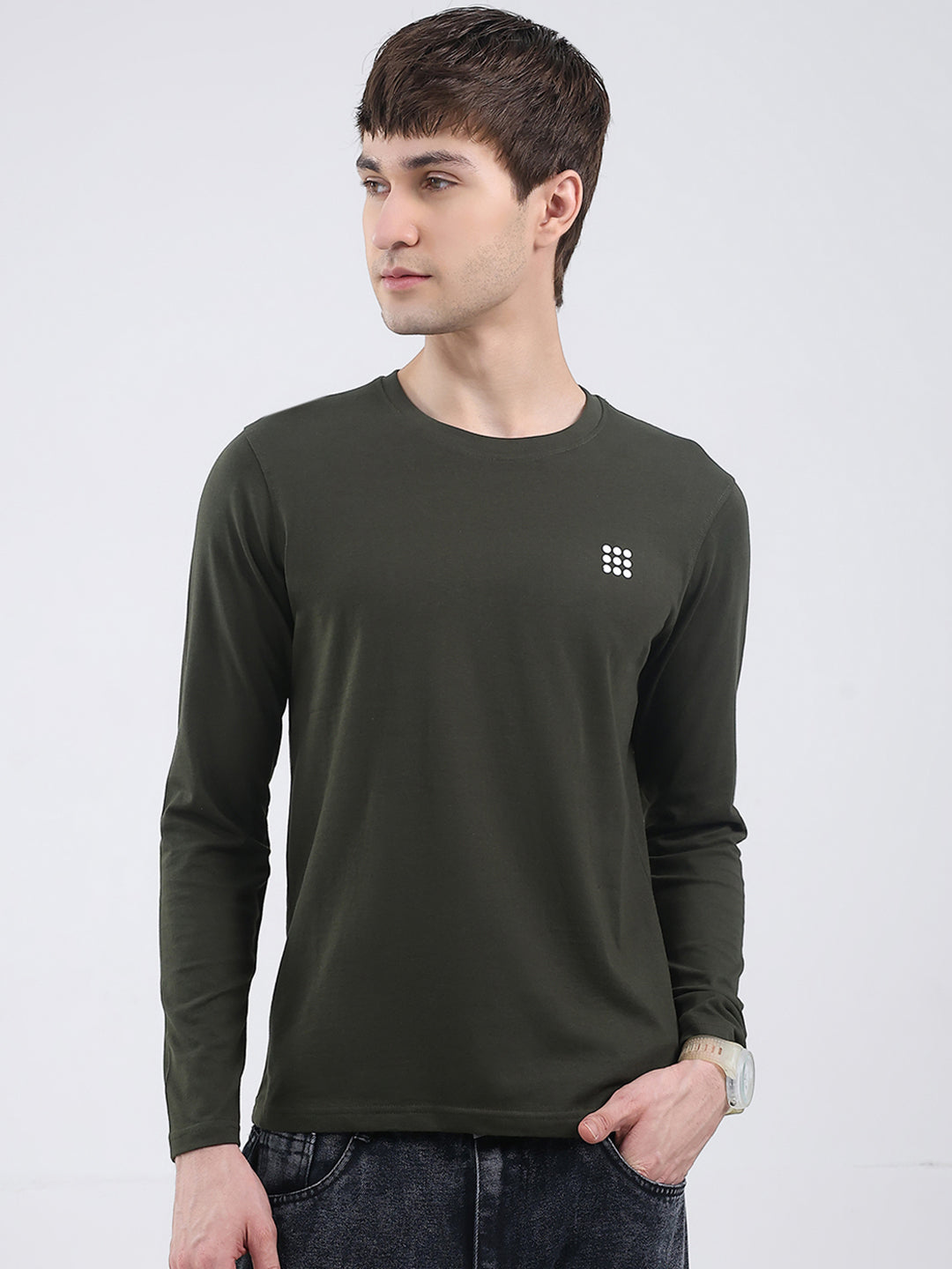 Rock.it Men Olive Solid Round Neck Full Sleeve Winter T-Shirt
