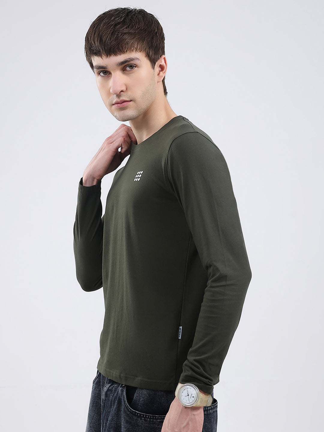 Rock.it Men Olive Solid Round Neck Full Sleeve Winter T-Shirt