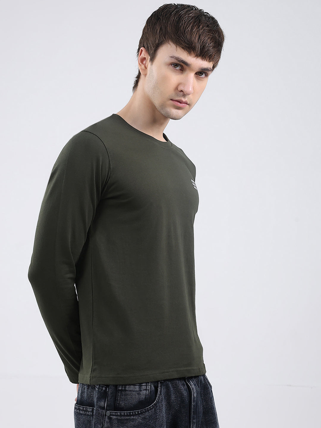 Rock.it Men Olive Solid Round Neck Full Sleeve Winter T-Shirt