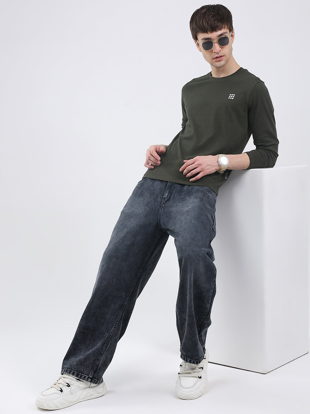 Rock.it Men Olive Solid Round Neck Full Sleeve Winter T-Shirt