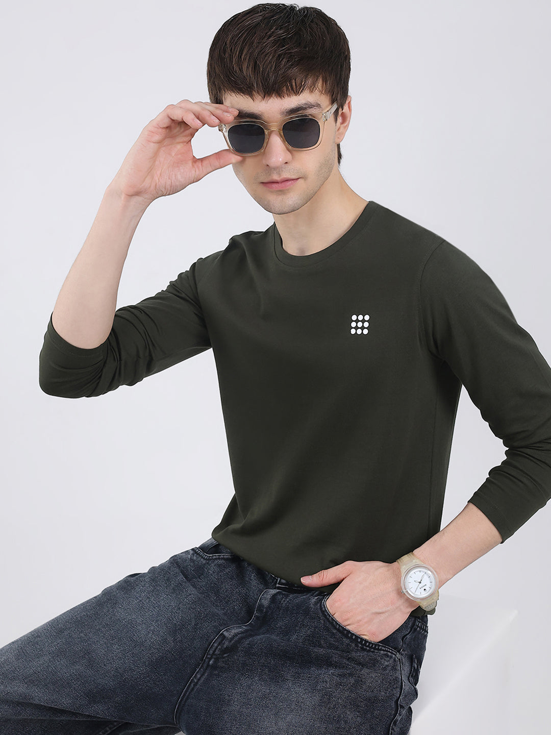 Rock.it Men Olive Solid Round Neck Full Sleeve Winter T-Shirt