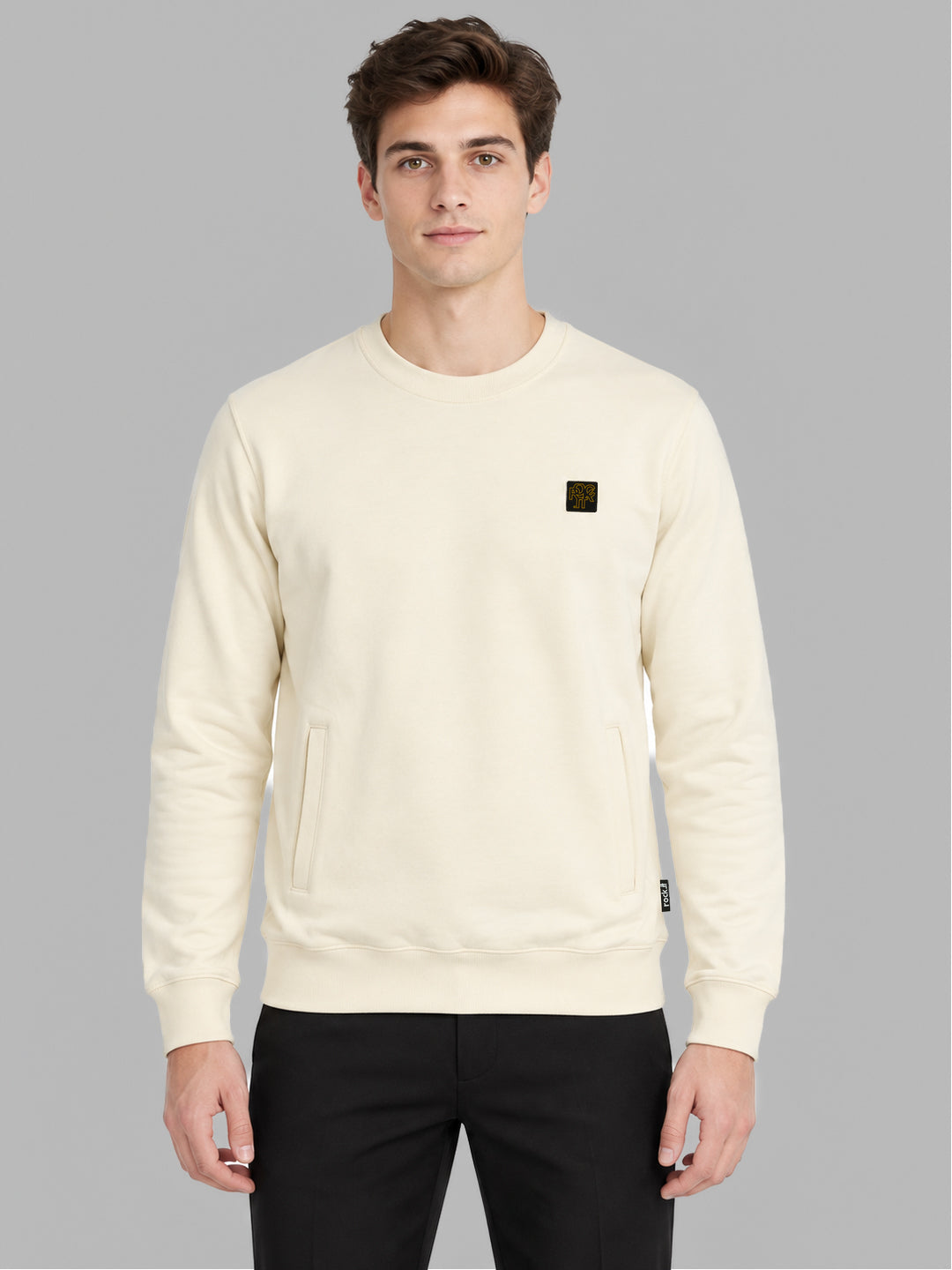 Rock.it Men Cream Solid Round Neck Full Sleeve Sweatshirt