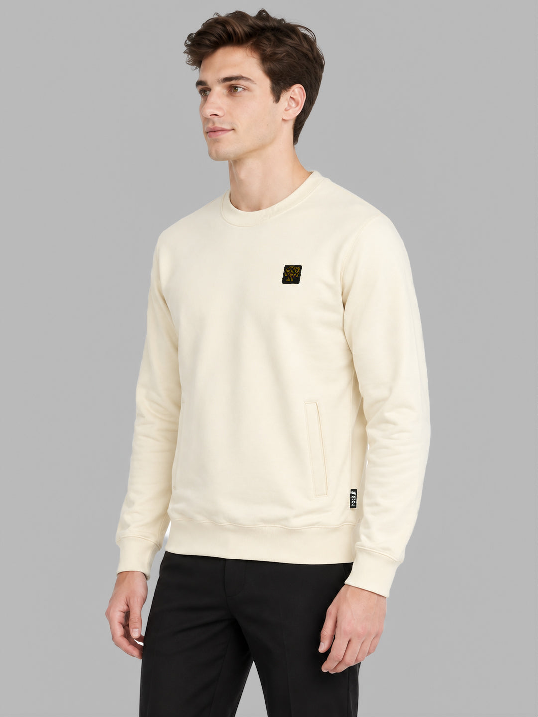Rock.it Men Cream Solid Round Neck Full Sleeve Sweatshirt
