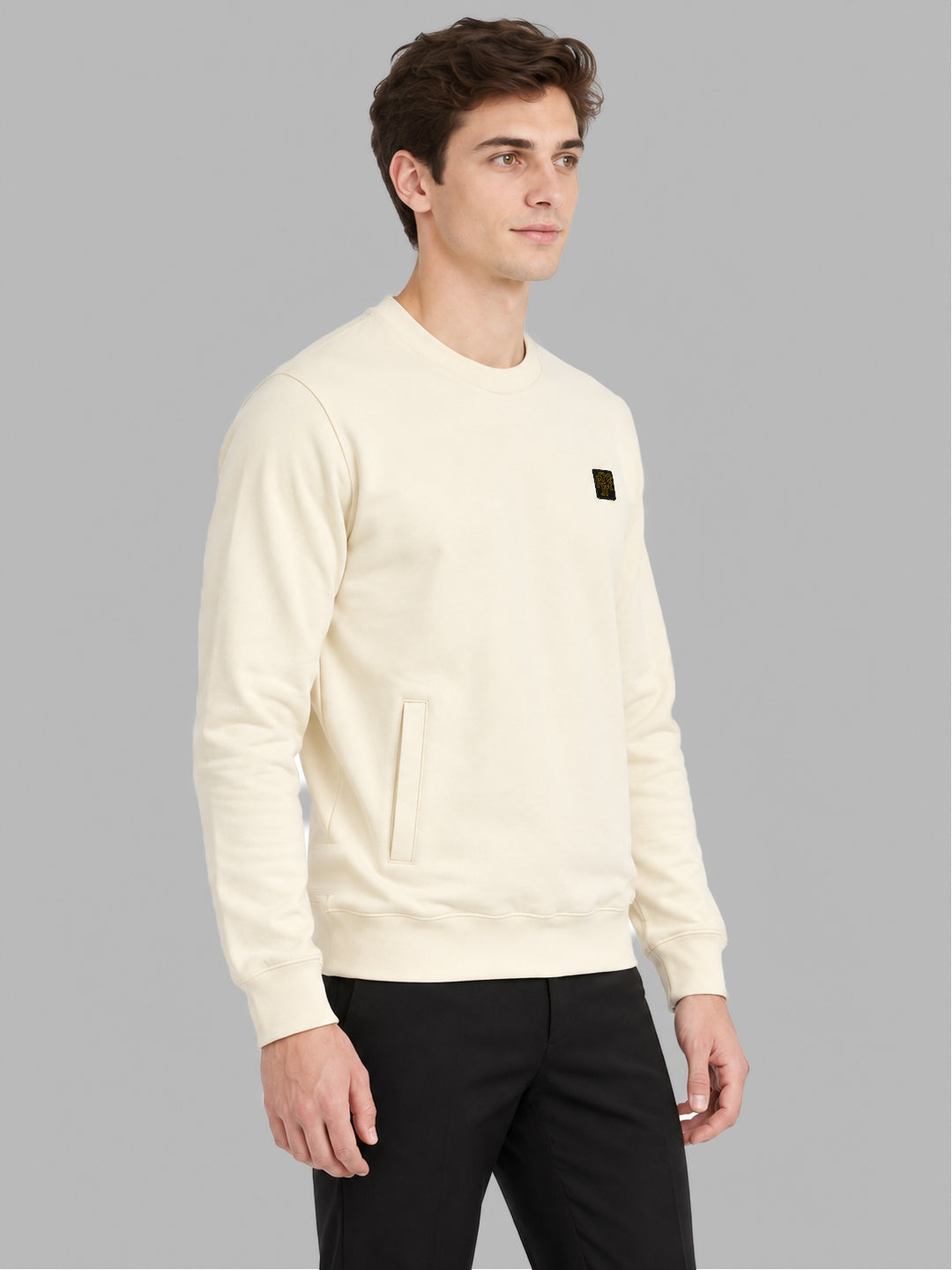 Rock.it Men Cream Solid Round Neck Full Sleeve Sweatshirt