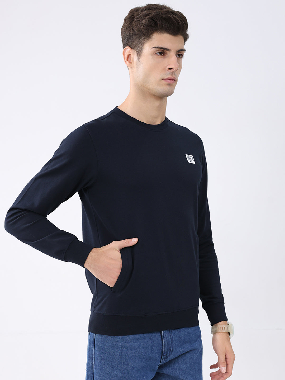 Rock.it Men Navy Blue Solid Round Neck Full Sleeve Sweatshirt