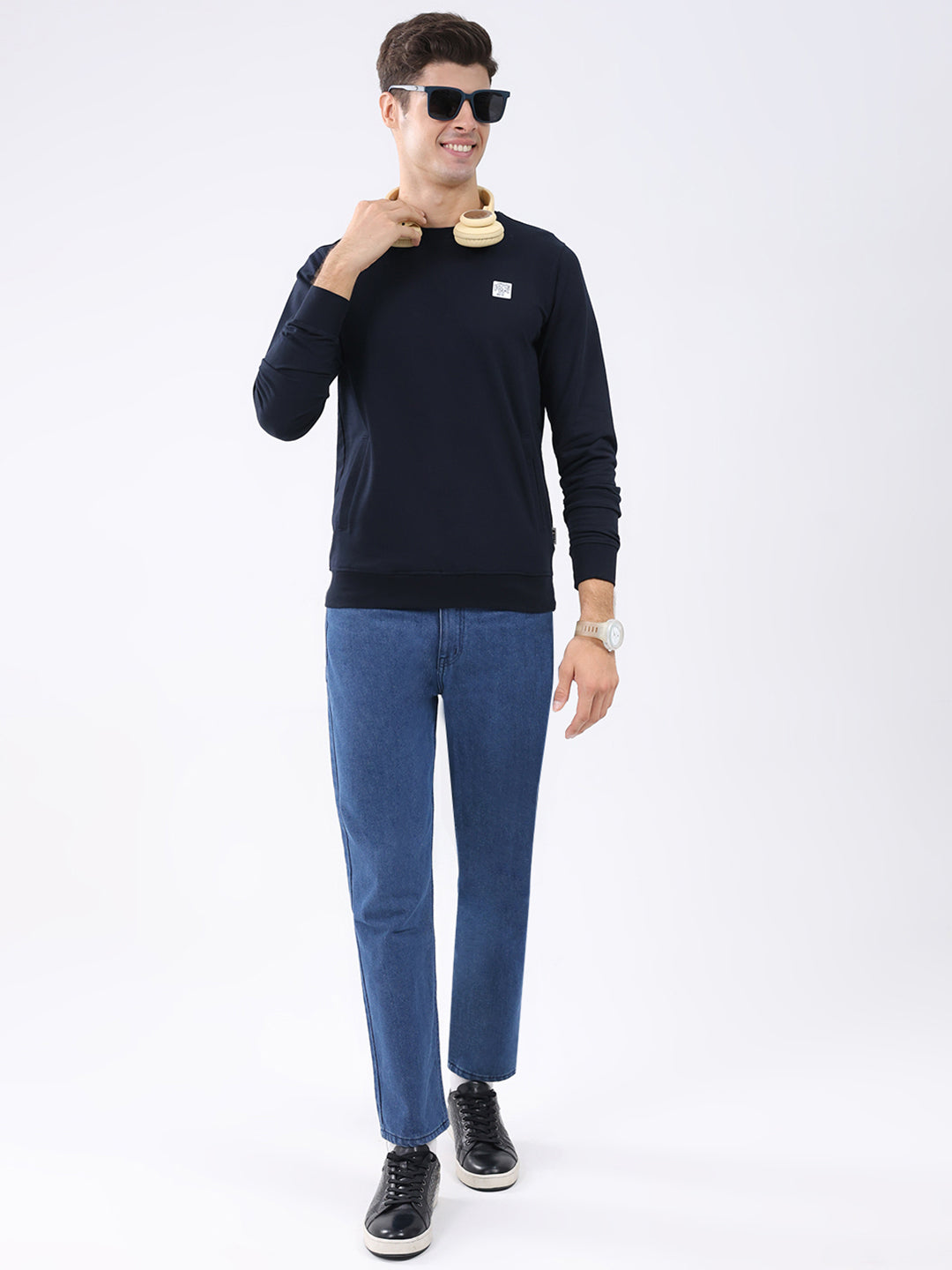 Rock.it Men Navy Blue Solid Round Neck Full Sleeve Sweatshirt